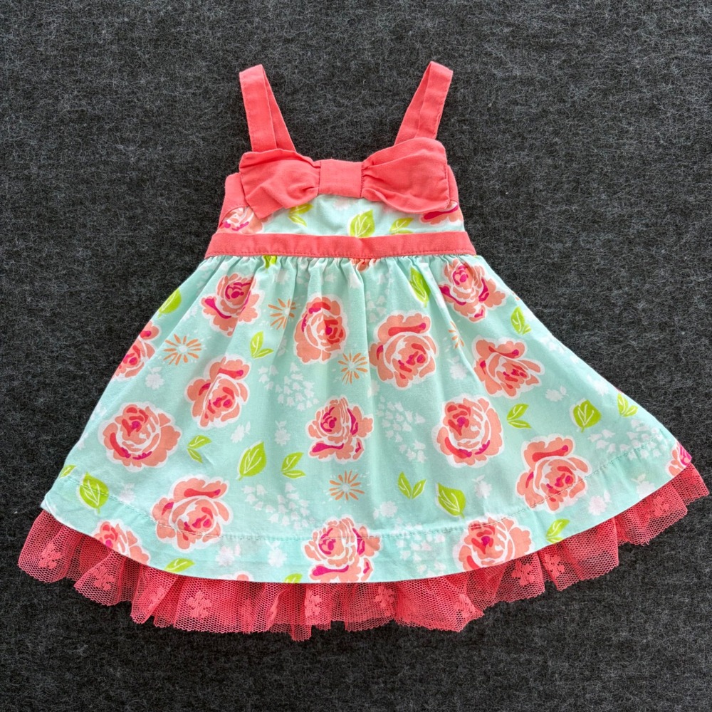 Penelope Mack Baby Girl Floral Bow Sundress Mint Green Coral Pink 3-6 Months